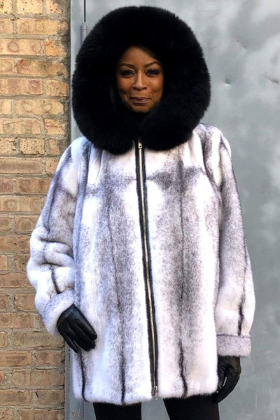 Black mink pieces full length coat with Dyed Blue Fox Fur Hood