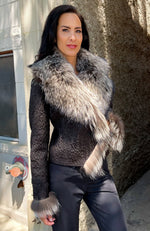 York Furrier Leather Black Croc Stretch Lamb Leather Jacket with Dusk Dyed Silver Fox Trim