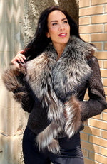 York Furrier Leather Black Croc Stretch Lamb Leather Jacket with Dusk Dyed Silver Fox Trim