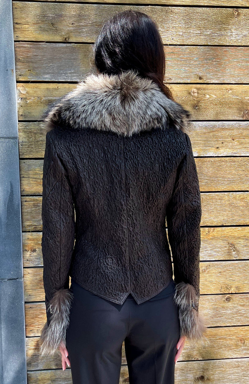 York Furrier Leather Black Croc Stretch Lamb Leather Jacket with Dusk Dyed Silver Fox Trim