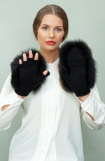 York Furrier Gloves Black Fox & Wool Mittens With Fingerless Option