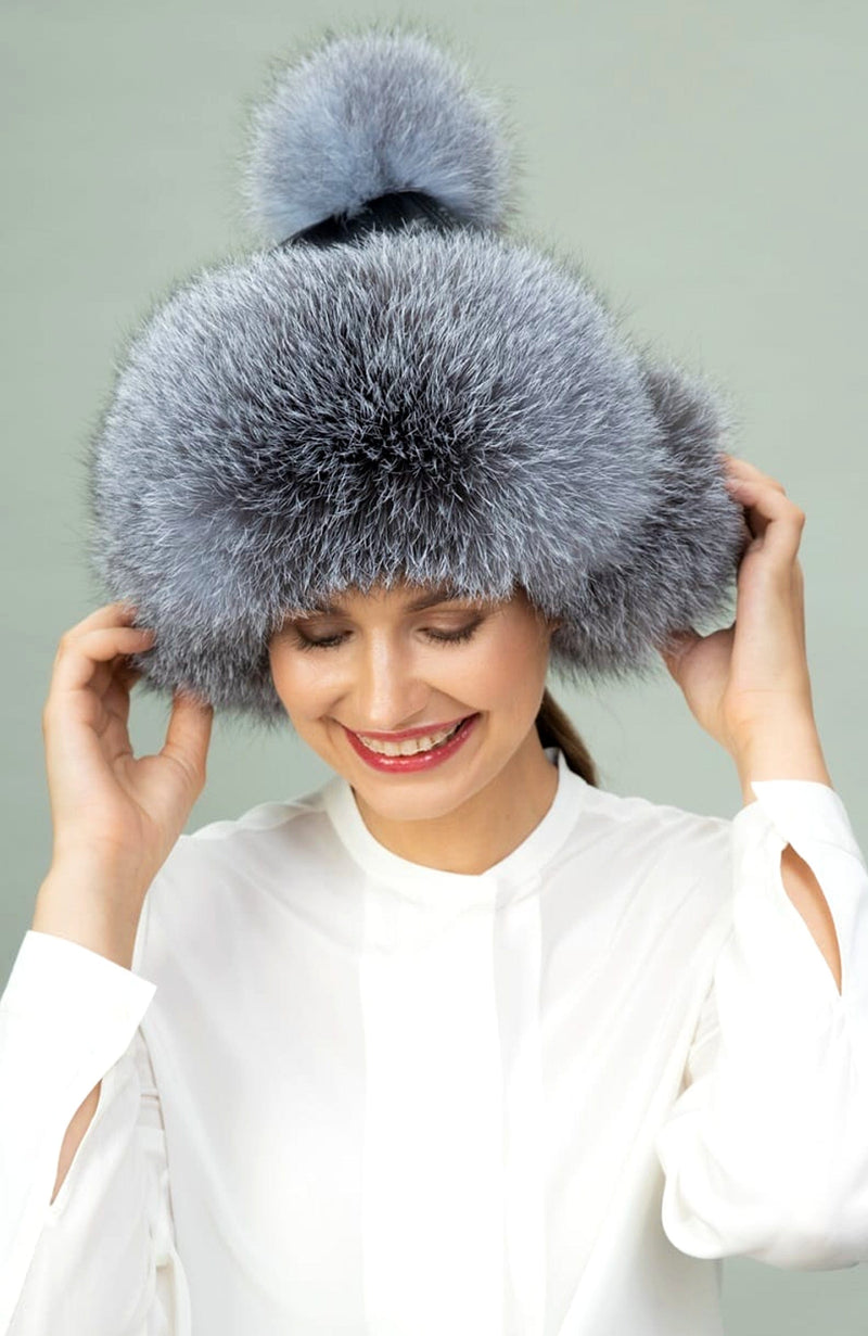 York Furrier Hat Black Frost Fox Padded Hat with Ear Covers