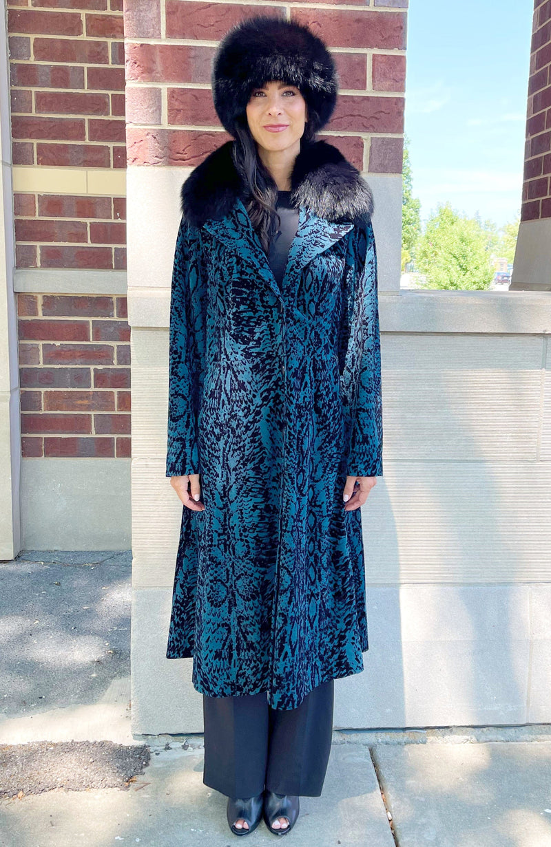 York Furrier Leather 10 / Blue Coral Blue Coral Lamb Leather Coat With Detachable Black Fox Collar