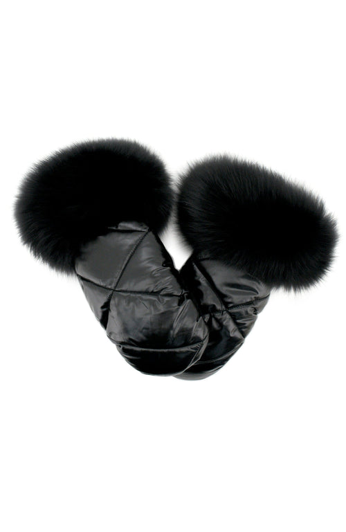 York Furrier Gloves M Copy of Black Nylon Mittens With Black Fox Trim