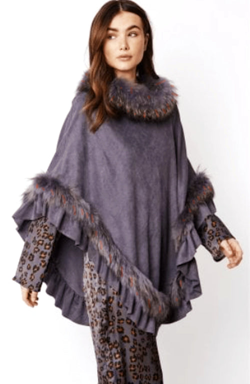 York Furrier Poncho One size fits most / Grey Grey Flannel Ultra Suede Poncho With Grey Flannel Dyed Trim
