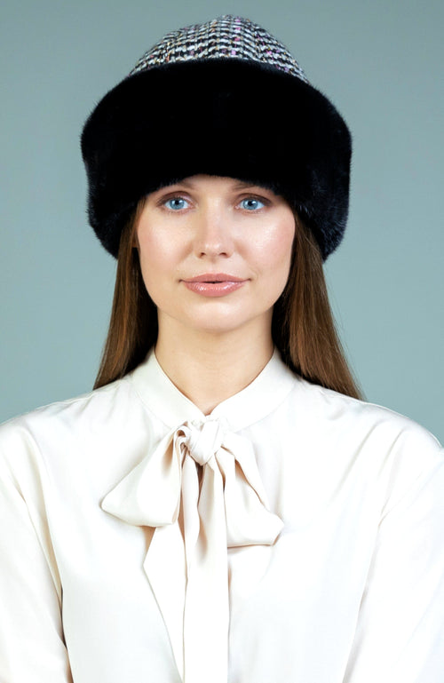 York Furrier Hat Multi-Color Tweed Hat With Ranch Mink Trim