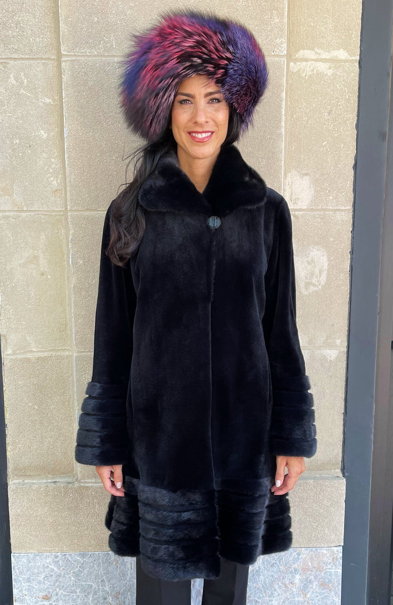 York Furrier Sheared Mink 12 / Navy Navy Dyed Sheared Mink Fluted Short Coat with Navy Dyed Mink Collar and Accents