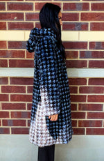 York Furrier Mink 8 / Soft Blue & Black Soft Blue & Black Houndstooth Mink Sections Hooded Walking Coat