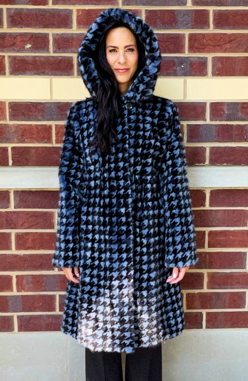 York Furrier Mink 8 / Soft Blue & Black Soft Blue & Black Houndstooth Mink Sections Hooded Walking Coat