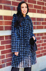 York Furrier Mink 8 / Soft Blue & Black Soft Blue & Black Houndstooth Mink Sections Hooded Walking Coat
