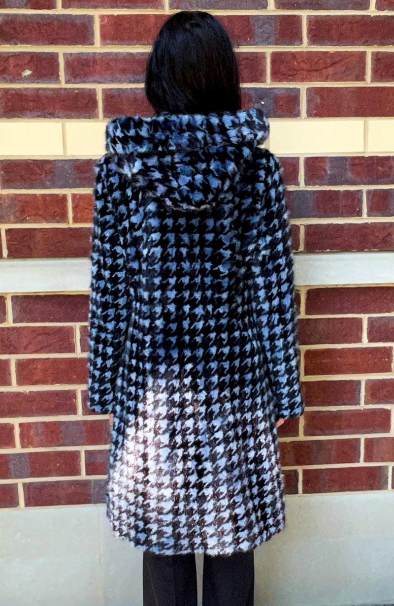 York Furrier Mink 8 / Soft Blue & Black Soft Blue & Black Houndstooth Mink Sections Hooded Walking Coat