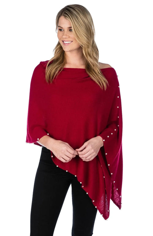 York Furrier Topper Red / One size fits most 100% Cashmere Pearl Trim Dress Topper Poncho