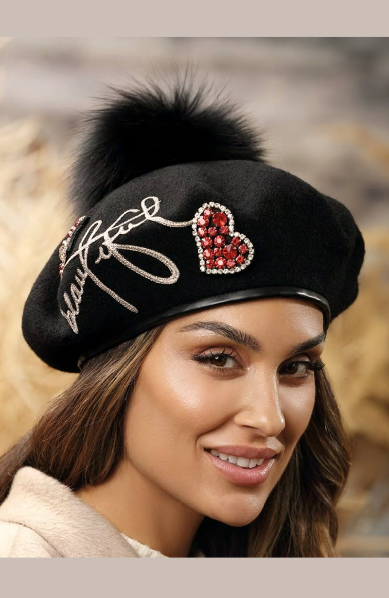 York Furrier Hat Beautiful Black Wool Fleece Lined Beret With Heart Shaped Embellishments & Black Fox Pom