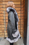 York Furrier Leather 10 / Black Black Lamb Leather Embossed Short Coat with Natural Silver Fox Trim