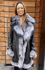 York Furrier Leather 10 / Black Black Lamb Leather Embossed Short Coat with Natural Silver Fox Trim