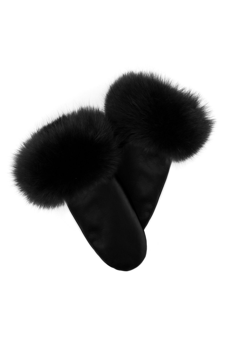 York Furrier Gloves S/M Black Lamb Leather Mittens With Black Fox Trim