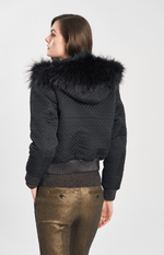 York Furrier Fabric Black Quilted Metallic Gold Accents Jacket With Detachable Hood Trimmed In Black  Finnraccoon Trim