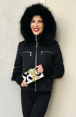 York Furrier Fabric 6 / Black Black Quilted Metallic Gold Accents Jacket With Detachable Hood Trimmed In Black  Finnraccoon Trim