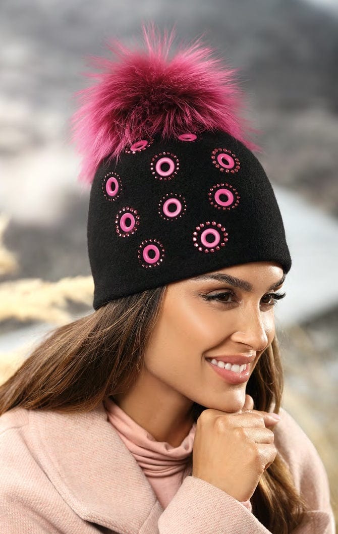 York Furrier Hat One size fits most / Black Black Wool Fleece Lined Beret with Sequins and Fuchsia Fox Pom