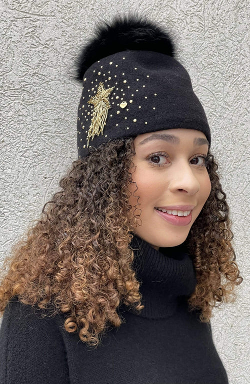 York Furrier Hat One size fits most / Black Black Wool Fleece Lined Hat with Black Fox Pom and Shooting Stars Embellishment