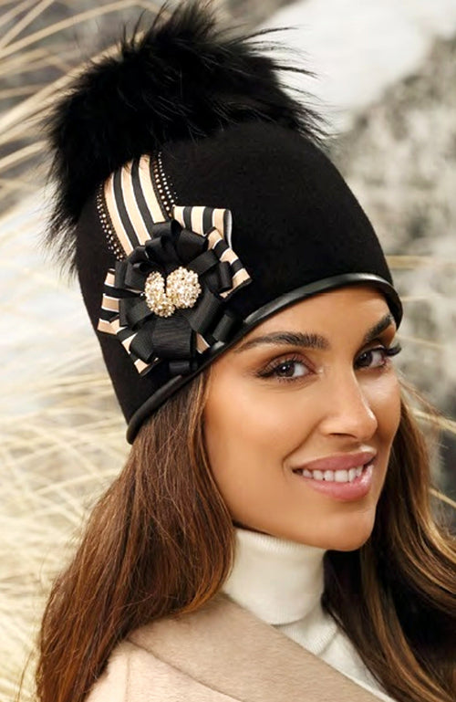 York Furrier Hat Black Wool Fleece Lined Hat With Sequined Ribbon & Brooch Decoration & Black Fox Pom
