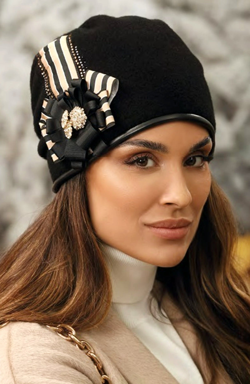 York Furrier Hat Black Wool Fleece Lined Hat With Sequined Ribbon & Brooch Decoration
