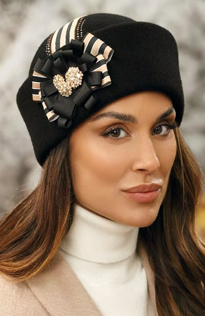 York Furrier Hat Black Wool Fleece Lined Tall Brim Hat With Sequined Ribbon & Brooch Decoration