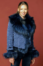 York Furrier Leather 8 / Blue Blue Lamb Leather Ruched Jacket With Frosty Blue Silver Fox Trim