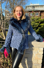 York Furrier Leather 8 / Blue Blue Lamb Leather Ruched Jacket With Frosty Blue Silver Fox Trim