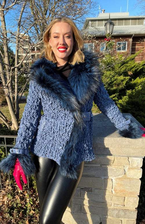 York Furrier Leather 8 / Blue Blue Lamb Leather Ruched Jacket With Frosty Blue Silver Fox Trim