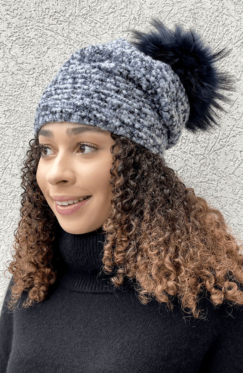 York Furrier Hat Blue Sky Knit Hat with Detachable Blue Dyed Fox Pom