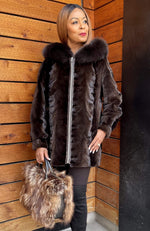 York Furrier Mink 12 / Brown Brown Sheared Mink Sculptured Sections Reversible To Taffeta Jacket With Matching Fox Hood Trim