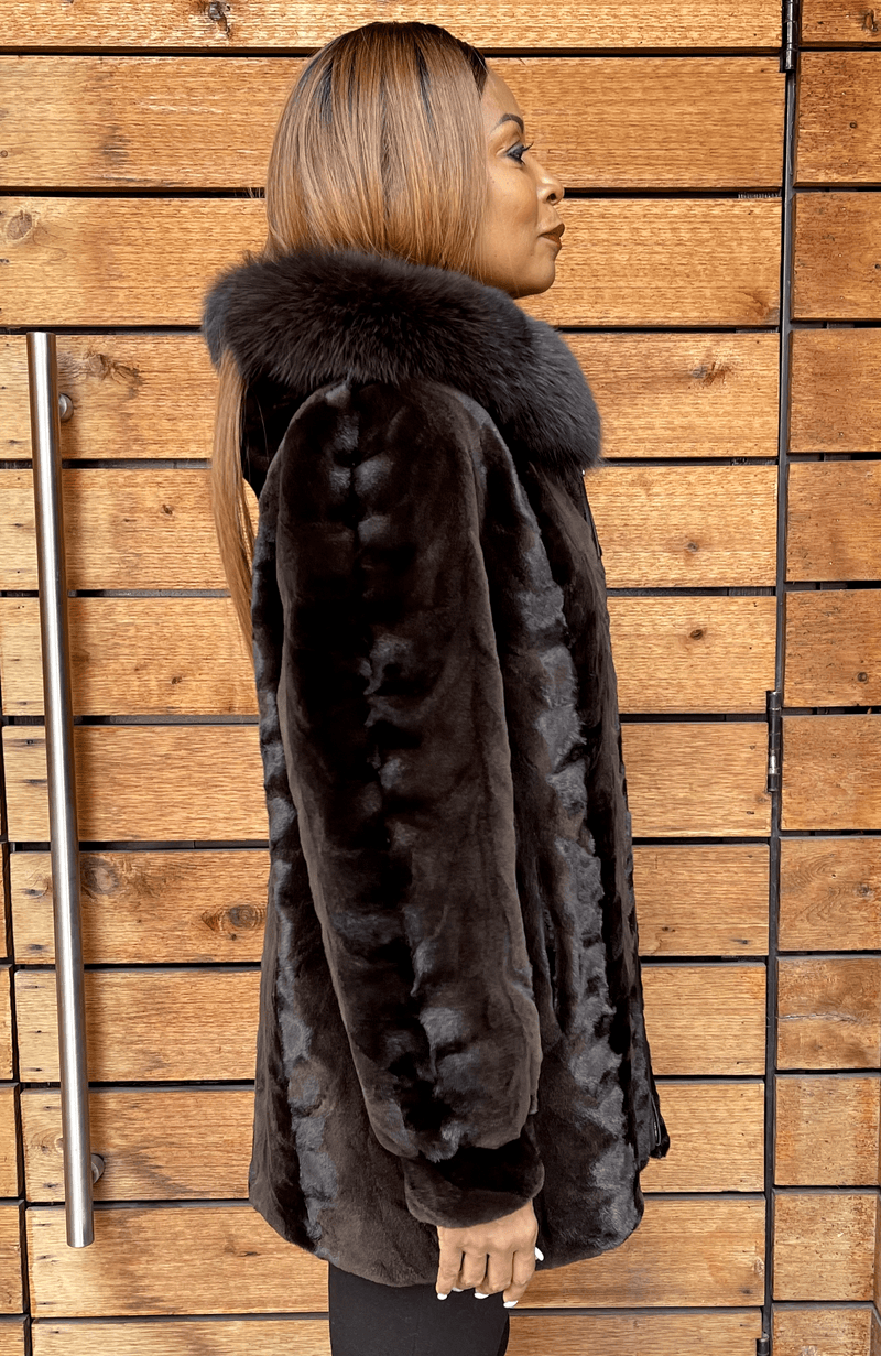 York Furrier Mink 12 / Brown Brown Sheared Mink Sculptured Sections Reversible To Taffeta Jacket With Matching Fox Hood Trim