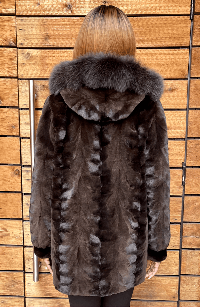 York Furrier Mink 12 / Brown Brown Sheared Mink Sections Reversible To Taffeta Jacket With Matching Fox Hood Trim
