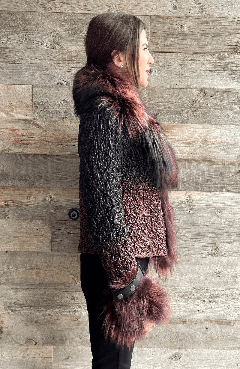 York Furrier Leather 10 / Burgundy Burgundy Degrade Lamb Leather Ruched Jacket with Matching Dyed Fox Trim