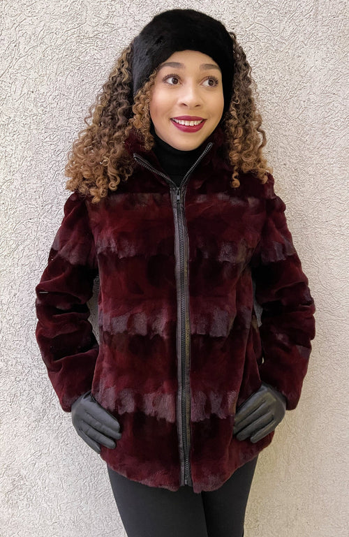 York Furrier Sheared Beaver 8 / Burgundy Burgundy Dyed Sheared Mink Sculptured Sections Jacket