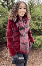 York Furrier Sheared Beaver 6 / Violet Burgundy Sheared Mink Horizontal Jacket with Matching Dyed Silver Fox Tuxedo