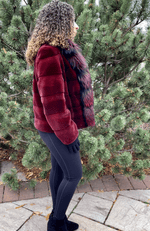 York Furrier Sheared Beaver 8 / Burgundy Burgundy Sheared Mink Horizontal Jacket with Matching Dyed Silver Fox Tuxedo