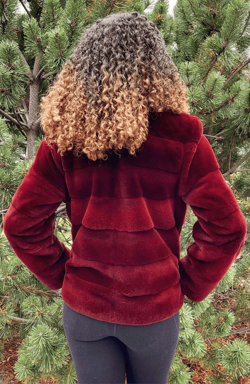 York Furrier Sheared Beaver 8 / Burgundy Burgundy Sheared Mink Horizontal Jacket with Matching Dyed Silver Fox Tuxedo