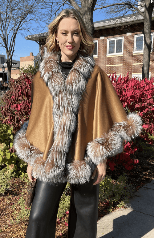 York Furrier Cape One size fits most / Rosso Grey Camel Cashmere Cape With Crystal Dyed Fox Trim
