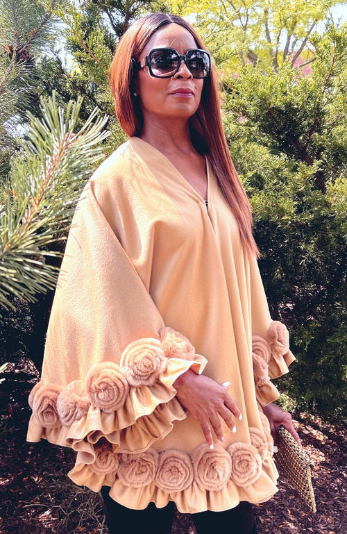 York Furrier Cape One size fits most / Camel Camel Cashmere Cape With Rex Rabbit Rosettes