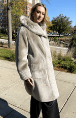 York Furrier Shearling 8 / Black Champagne Merino Shearling Reversible Short Coat with Knit Mohair Accents and Toscana Hood Trim
