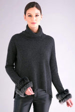 York Furrier Sweater Charcoal Cashmere LUXE Colette Turtleneck With Black Frosted Fox Cuffs