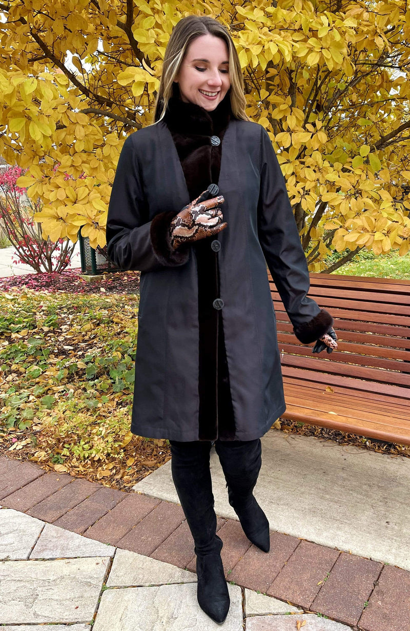 York Furrier Sheared Mink Chocolate Dyed Sheared Mink Revers to Taffeta Short Coat with Mahogany Mink Collar and Cuffs
