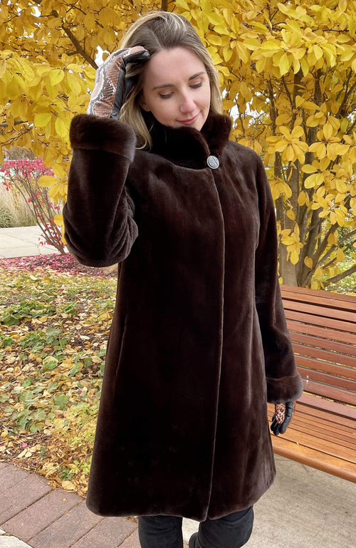 York Furrier Sheared Mink Chocolate Dyed Sheared Mink Revers to Taffeta Short Coat with Mahogany Mink Collar and Cuffs