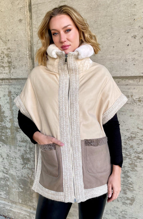 York Furrier Astrakhan Lamb 10 / Cream-Tortora Cream Tortora Astrakhan Lamb Shearling Reversible Poncho with Rex Rabbit Collar & Cashmere Knit Trim