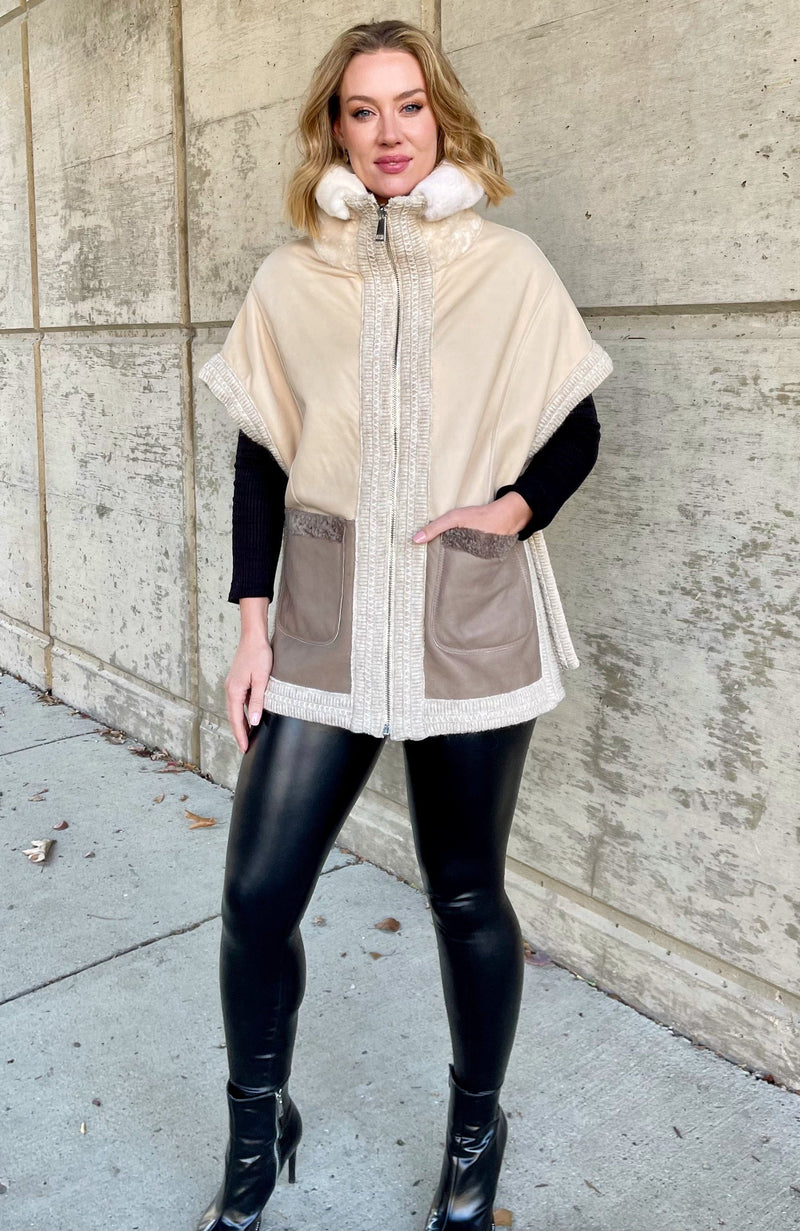 York Furrier Astrakhan Lamb 10 / Cream-Tortora Cream Tortora Astrakhan Lamb Shearling Reversible Poncho with Rex Rabbit Collar & Cashmere Knit Trim