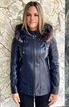 York Furrier Leather Dark Violet Lamb Leather Detachable Hood Jacket With Melange Fox Trim