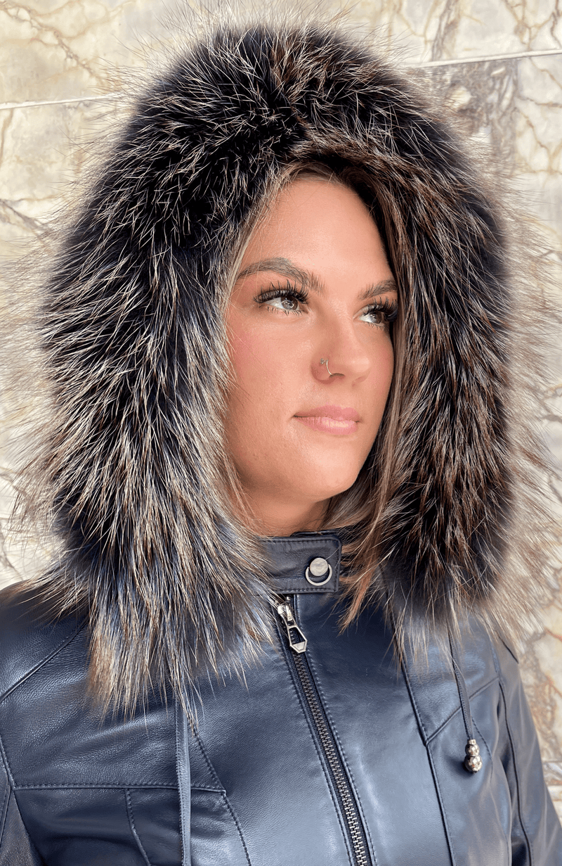 York Furrier Leather Dark Violet Lamb Leather Detachable Hood Jacket With Melange Fox Trim