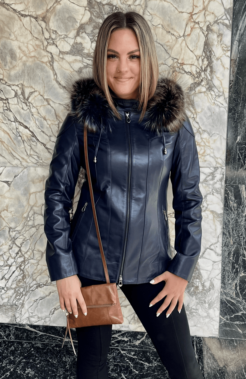 York Furrier Leather XS / Dark Violet Dark Violet Lamb Leather Detachable Hood Jacket With Melange Fox Trim